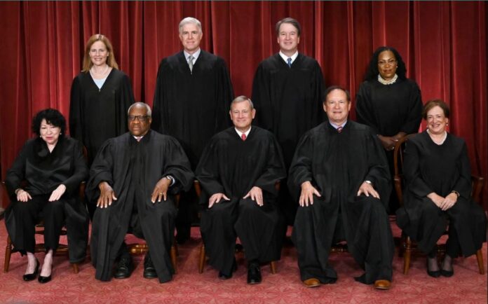 From top left, Amy Coney Barrett, Neil Gorsuch, Brett Kavanaugh, Ketanji Brown Jackson, Sonia Sotomayor, Clarence Thomas, John Roberts, Samuel Alito, and Elena Kagan.