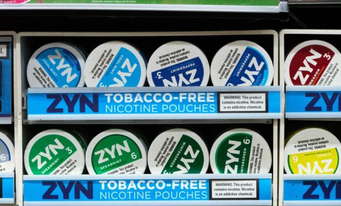 Zyn smokeless nicotine pouch containers for sale at a convenience store in New York on Jan. 27.Bing Guan / Bloomberg via Getty Images file